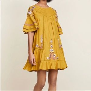 Free People Mustard Yellow Embroidered Dress, S